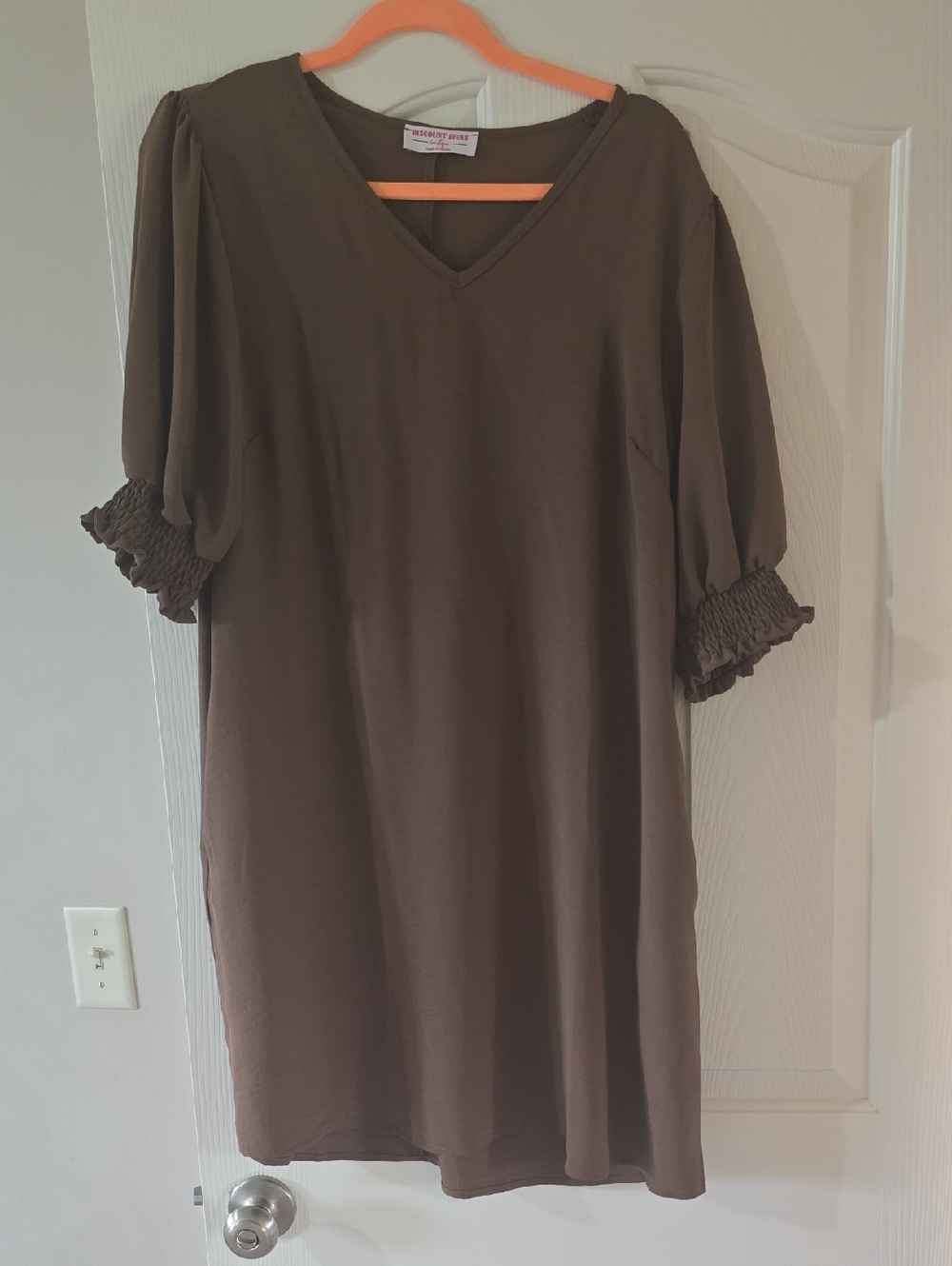 V-Neck Brown Puff Sleeve Dress